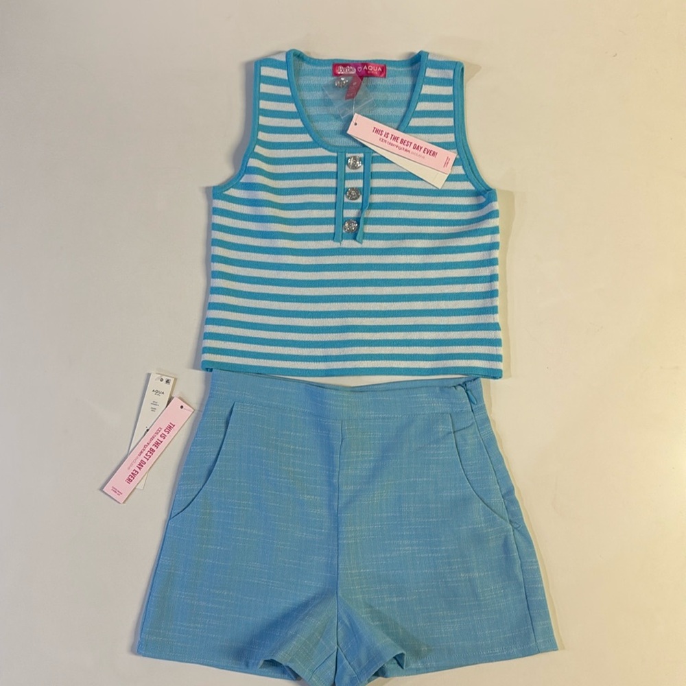 *AQUA Girls Barbie the Movie Crop Top Blue/White Striped and Tweed Short Size L
